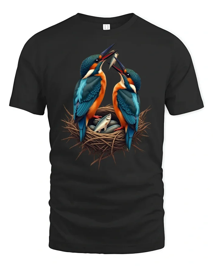 Kingfisher Love Birds Feeding Art Nature Graphic Tee - black t-shirt on white background