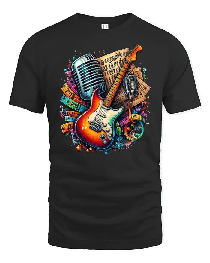 Guitar and Microphone Music Lover Retro Art T-shirt - black t-shirt on white background