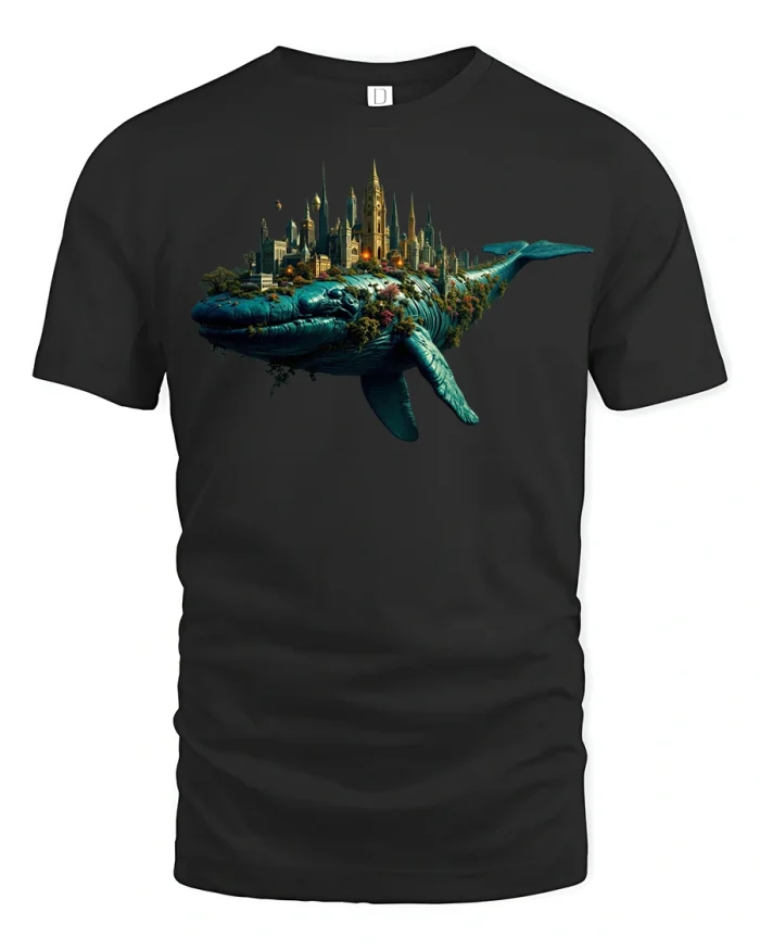 Fantasy Whale City Surreal Ocean World Graphic Tee - black t-shirt on white background
