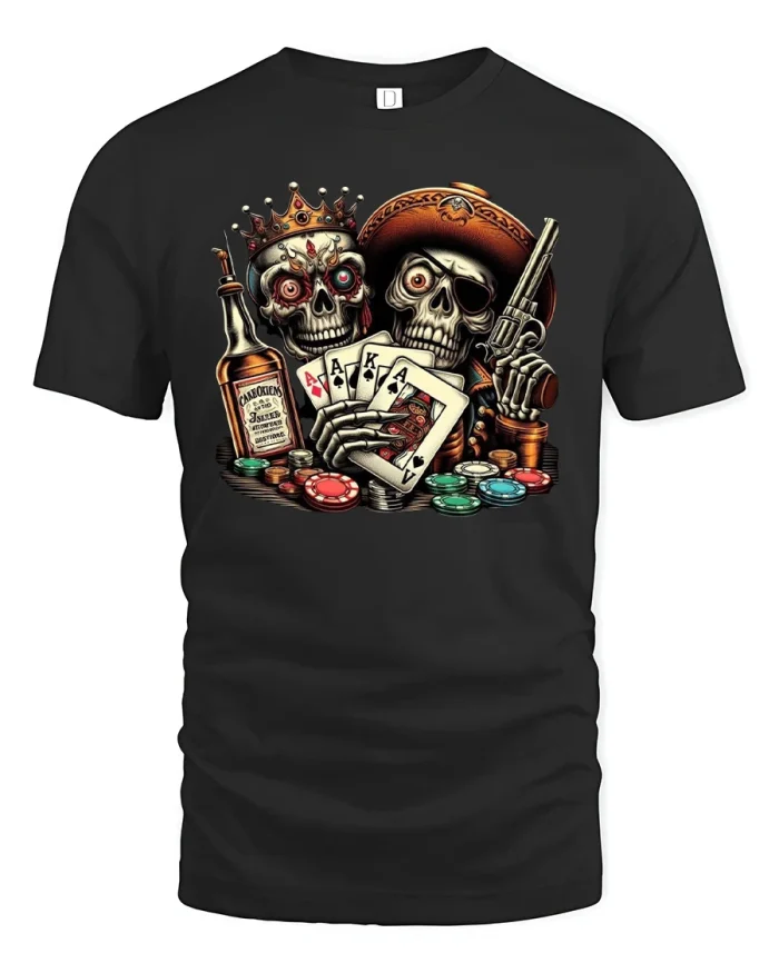 Poker Skull King and Cowboy Gambling Art Graphic Tee - black t-shirt on white background