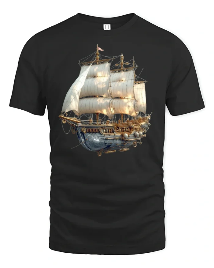 Steampunk Flying Ship Adventure Fantasy Art T-shirt - black t-shirt on white background