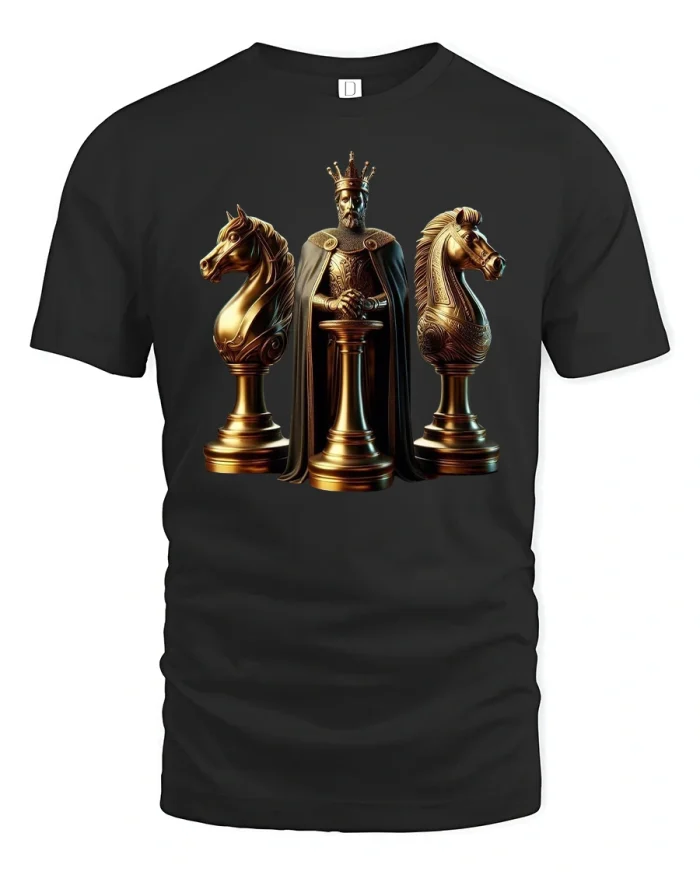 Golden Chess King and Knights Royal Strategy T-shirt - black t-shirt on white background