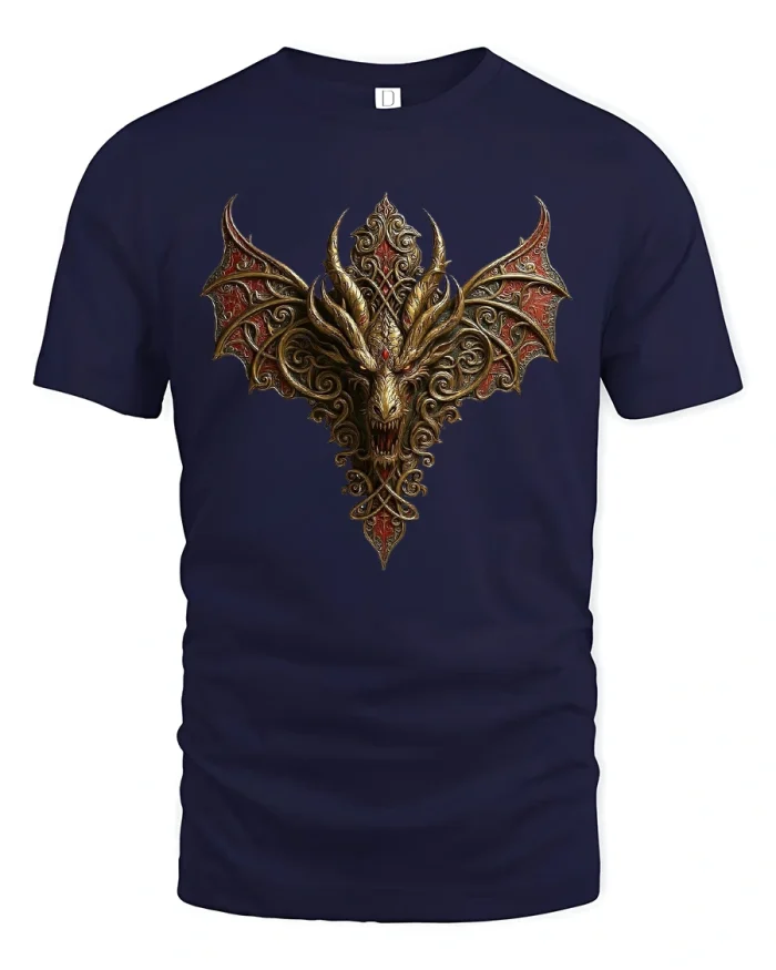 Gothic Dragon King Fiery Mythic Beast Art T-shirt - navy t-shirt on white background