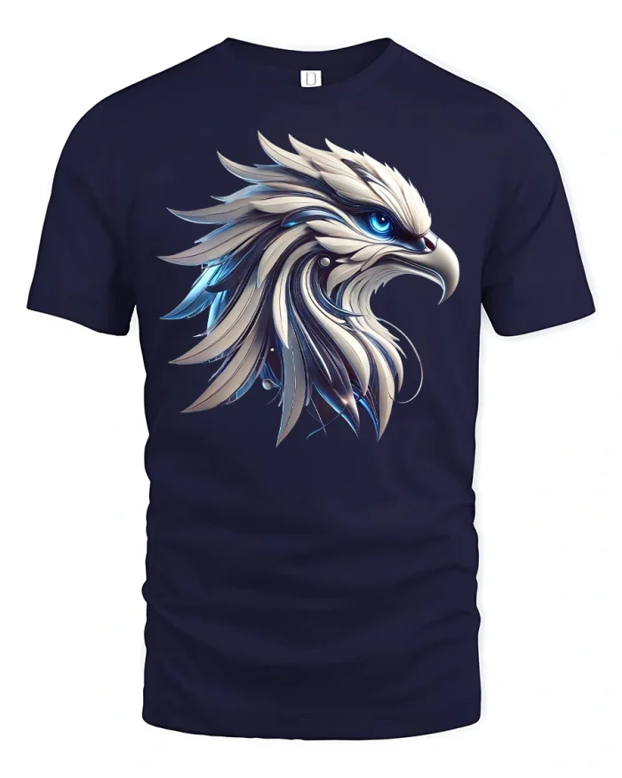 Majestic Eagle Head Blue Eye Power Art Graphic T-shirt - navy t-shirt on white background
