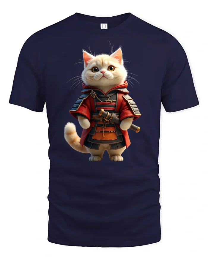 Samurai Cat Warrior Cute Kitty in Armor Graphic Tee - navy t-shirt on white background