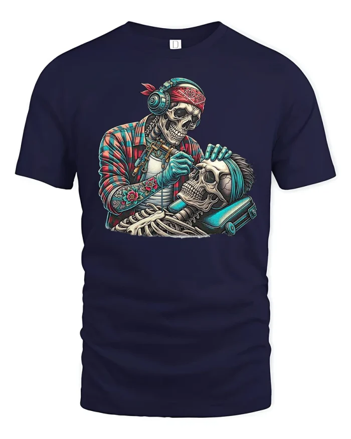 Skull Barber Cutting Hair Funny Skeleton Art T-shirt - navy t-shirt on white background