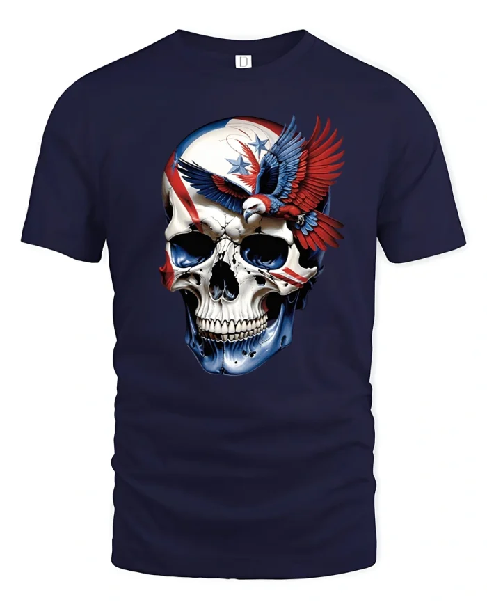 American Skull and Eagle Patriotic Freedom T-shirt - navy t-shirt on white background