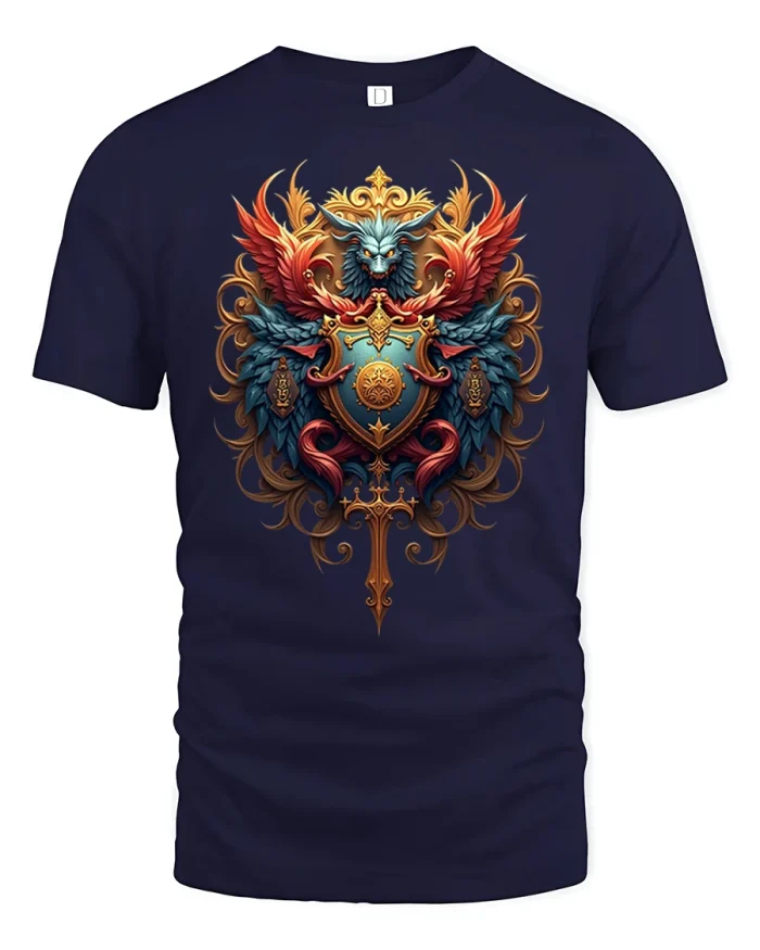 Dragon Crest Guardian Fantasy Medieval Art T-shirt - navy t-shirt on white background