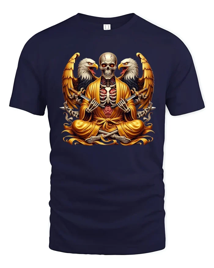 Golden Monk Skeleton with Eagles Spiritual Art T-shirt - navy t-shirt on white background