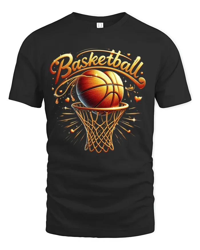Basketball Hoop Fire Shot Cool Sports Graphic T-shirt - black t-shirt on white background