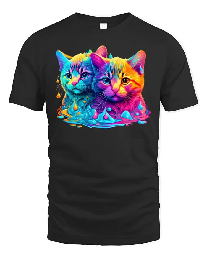 Neon Twin Cats Psychedelic Color Splash Art T-shirt - black t-shirt on white background