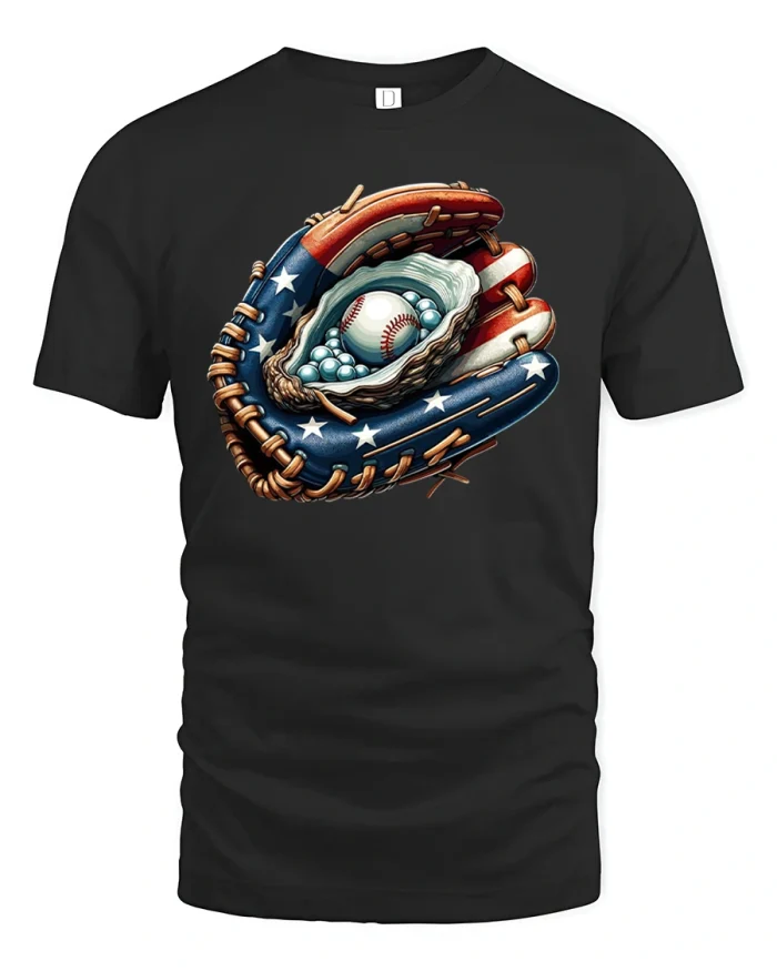 American Baseball Glove Flag Design Patriotic T-shirt - black t-shirt on white background