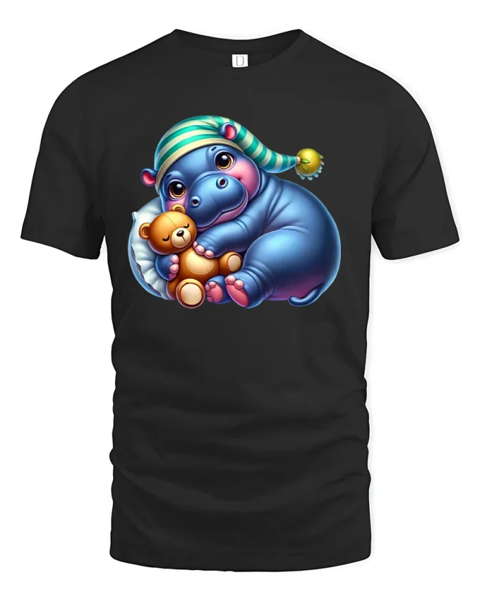 Cute Sleepy Hippo Hugging Teddy Funny Bedtime T-shirt - black t-shirt on white background
