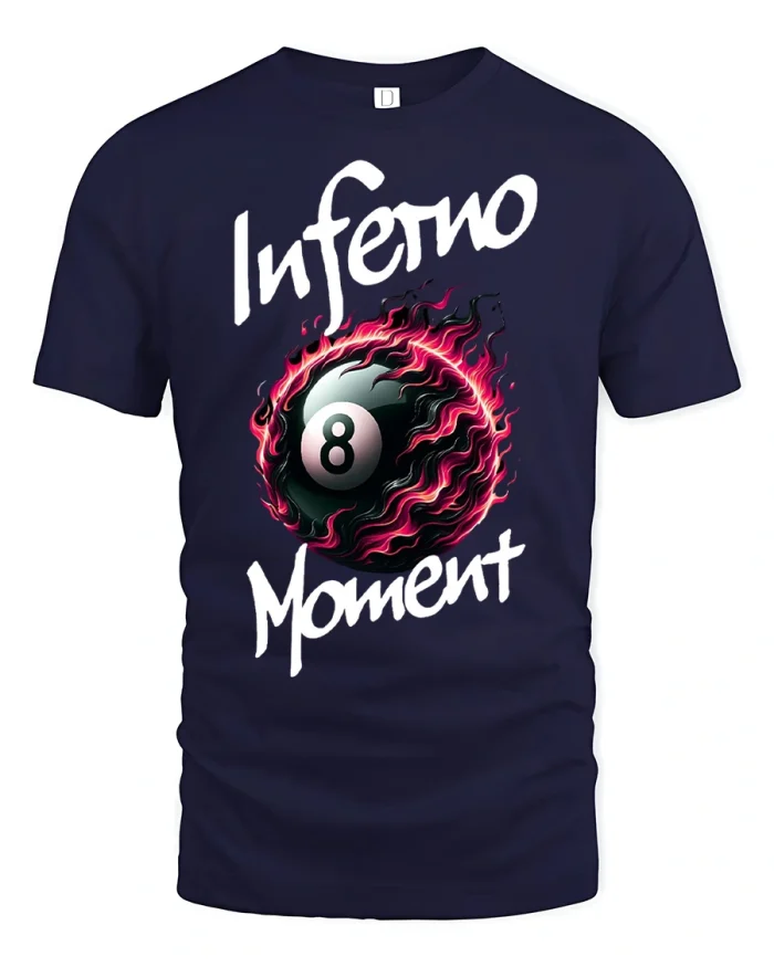 Inferno Moment 8 Ball Fire Pool Player Graphic T-shirt - navy t-shirt on white background