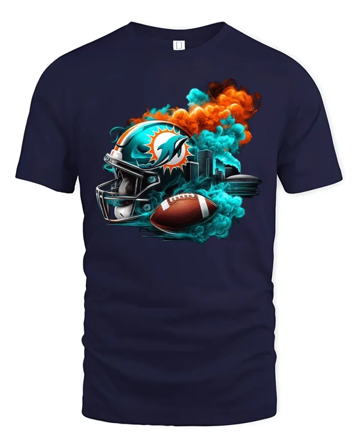 Miami Football Firestorm Graphic Game Day T-shirt - navy t-shirt on white background