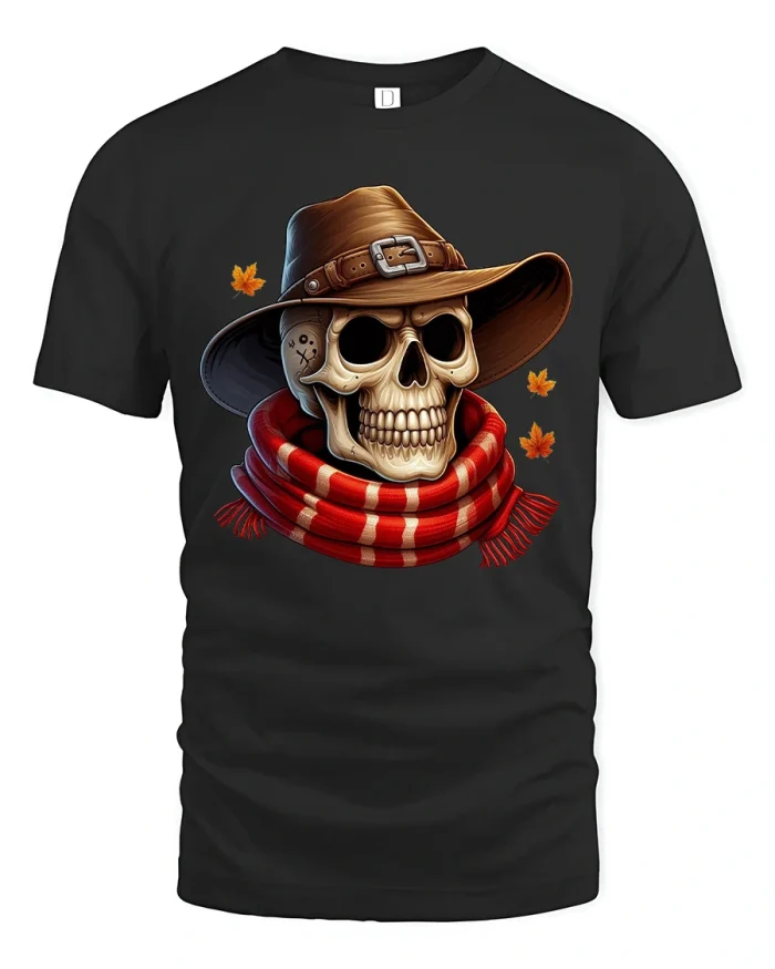 Cowboy Skull T-Shirt Autumn Scarf Funny Graphic Tee - black t-shirt on white background