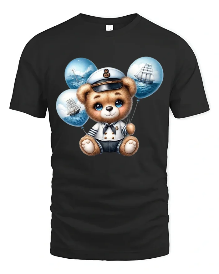 Sailor Bear T-Shirt Cute Captain Teddy Graphic Tee - black t-shirt on white background