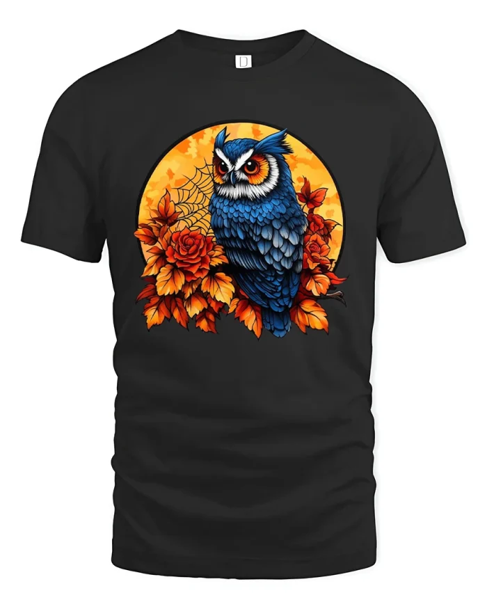 Blue Owl T-Shirt Autumn Leaves Moonlight Graphic Tee - black t-shirt on white background