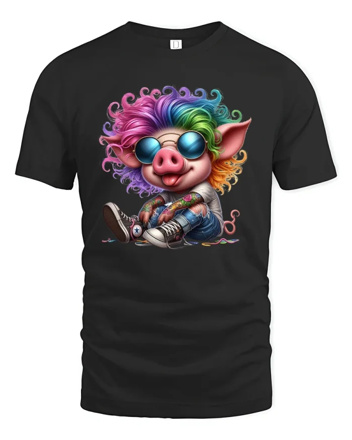 Cool Pig T-Shirt Rainbow Hair Funny Hipster Tee - black t-shirt on white background