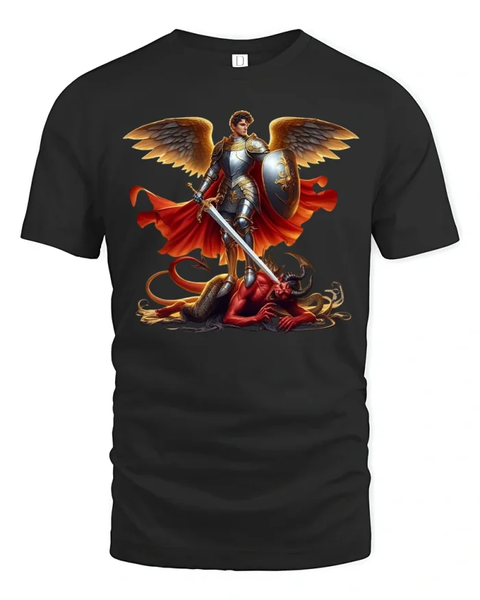 Archangel Warrior T-Shirt Angel vs Demon Battle Tee - black t-shirt on white background