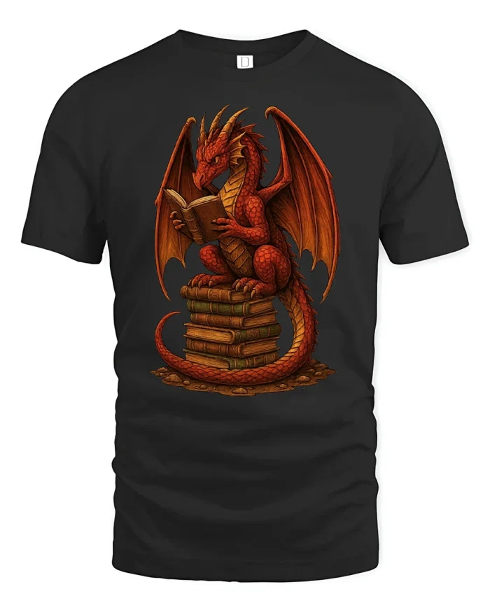 Book Dragon T-Shirt Fantasy Reading Lover Graphic Tee - black t-shirt on white background