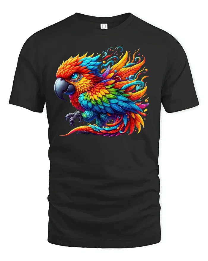 Colorful Parrot T-Shirt Vibrant Tropical Bird Art Tee - black t-shirt on white background