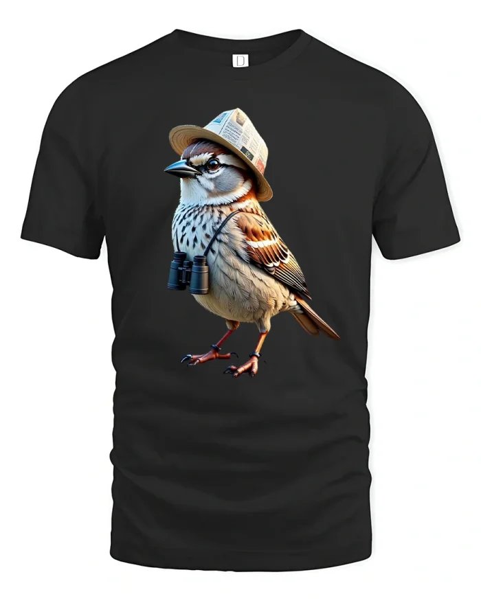 Explorer Bird T-Shirt Funny Sparrow with Hat Graphic Tee - black t-shirt on white background