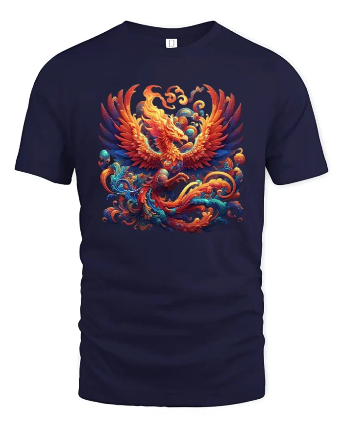 Phoenix Rising T-Shirt Fiery Rebirth Mythical Bird Graphic Tee - navy t-shirt on white background
