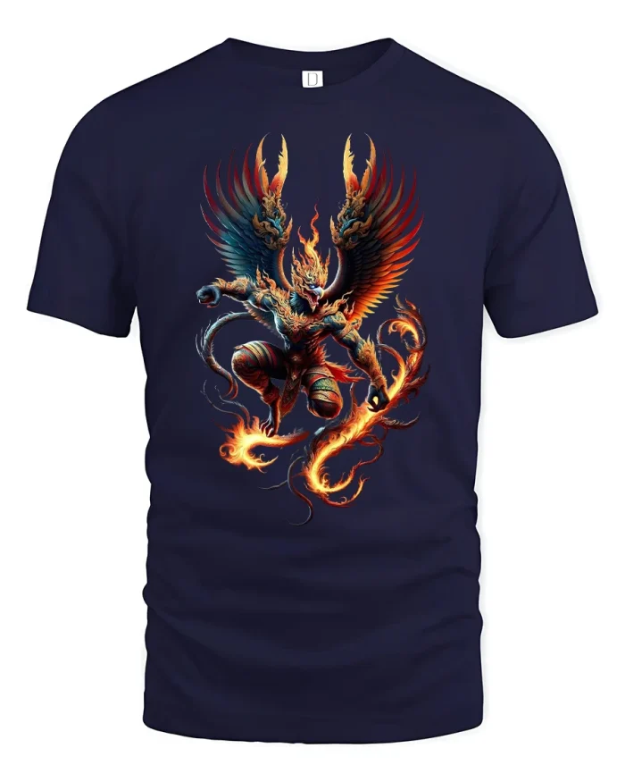 Fire Demon Warrior T-Shirt Epic Fantasy Battle Graphic Tee - navy t-shirt on white background