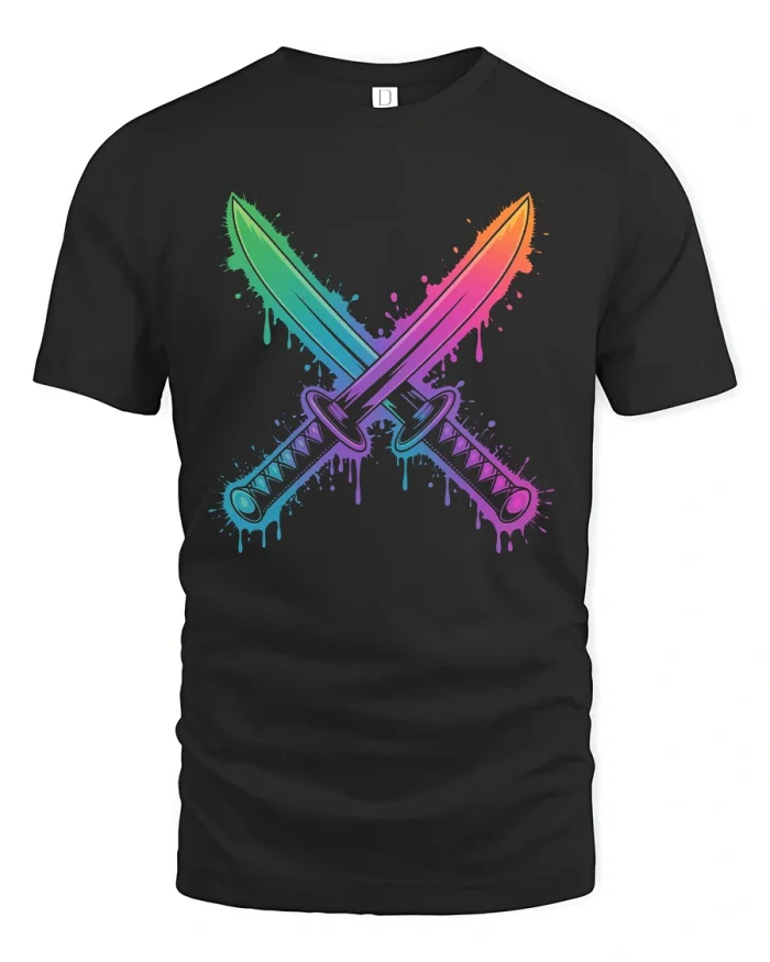 Neon Samurai Swords Crossed Splash Art T-Shirt - black t-shirt on white background