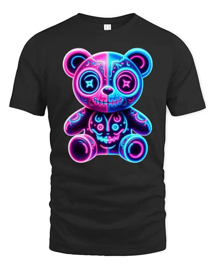 Neon Panda Skull Glow Street Art T-Shirt - black t-shirt on white background