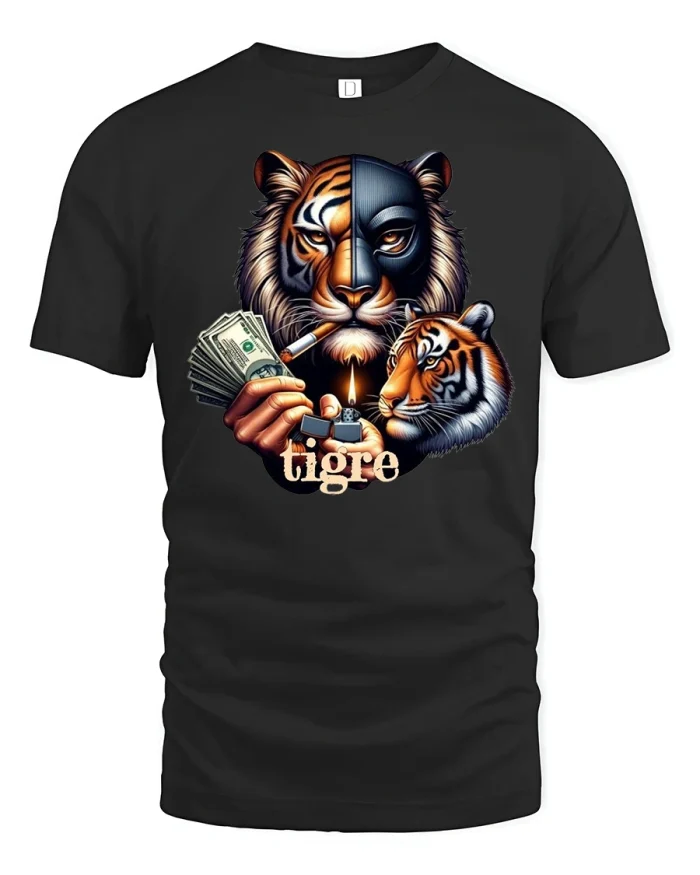 Tigre Money Flame Tiger Boss Street Art T-Shirt - black t-shirt on white background