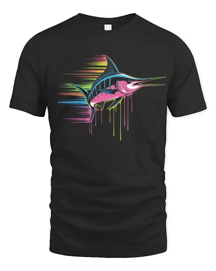 Neon Marlin Splash Speed Fishing Graphic T-Shirt - black t-shirt on white background