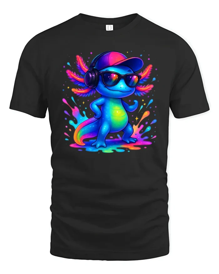 Cool Axolotl DJ Neon Splash Streetwear T-Shirt - black t-shirt on white background