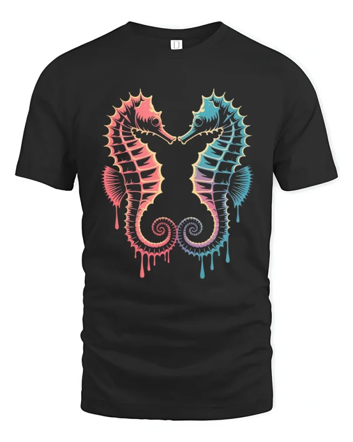 Neon Seahorse Duo Ocean Love Art Graphic T-Shirt - black t-shirt on white background