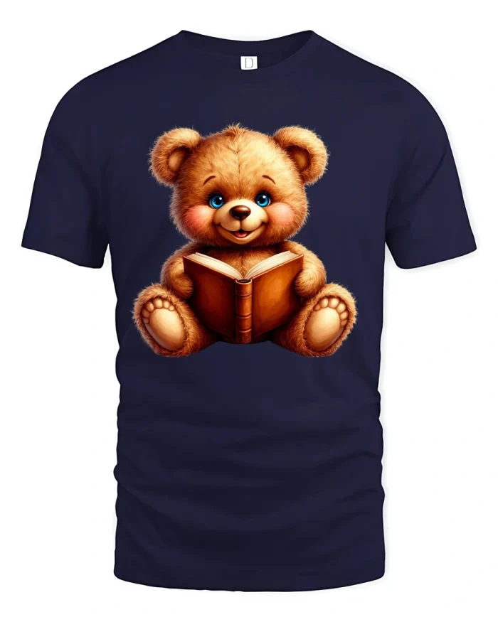 Cute Reading Bear Book Lover Graphic T-Shirt - navy t-shirt on white background