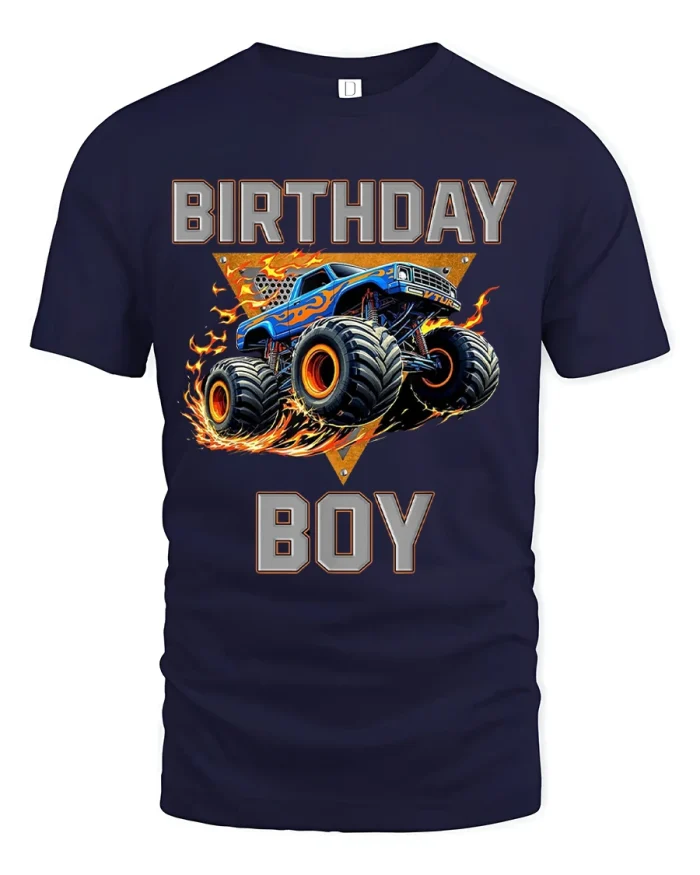 Birthday Boy Monster Truck Fire Ride T-Shirt - navy t-shirt on white background