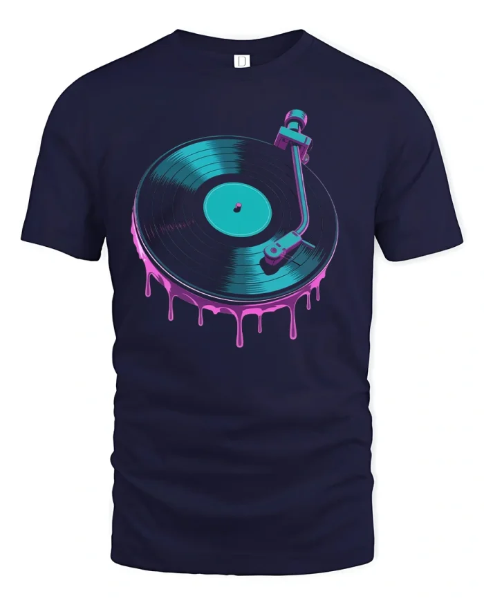 Retro Vinyl Record Drip Neon Music Lover T-Shirt - navy t-shirt on white background