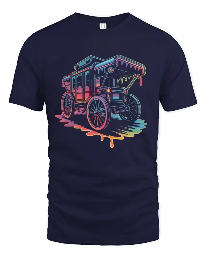 Neon Carriage Glow Retro Art Vintage Ride T-Shirt - navy t-shirt on white background