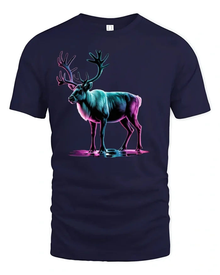 Neon Reindeer Glow Winter Animal Art T-Shirt - navy t-shirt on white background