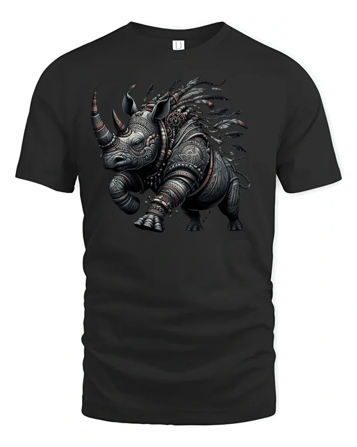 Tribal Rhino Warrior Graphic Art T-Shirt - black t-shirt on white background