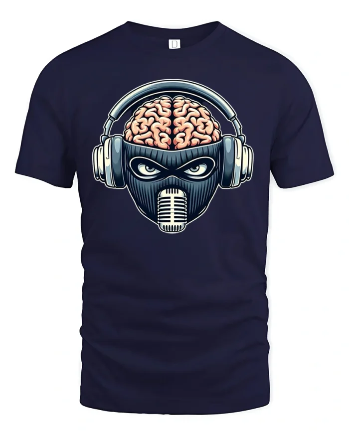 Brain Headphones Mask Cool DJ T-Shirt - navy t-shirt on white background