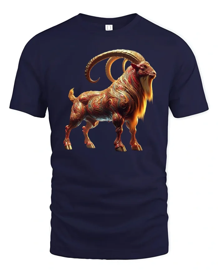 Majestic Ram Tribal Art Fiery Horns T-Shirt - navy t-shirt on white background