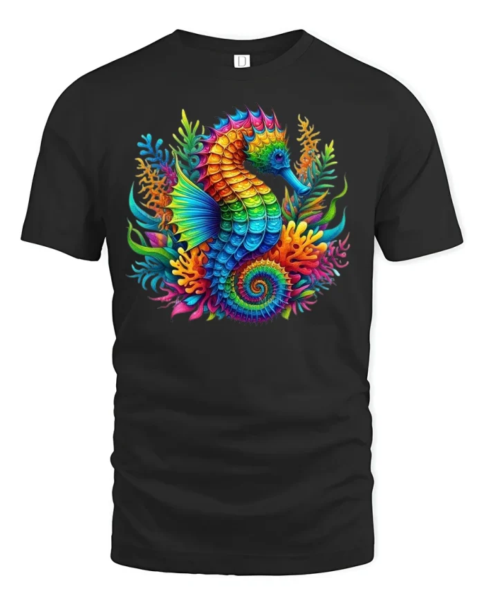 Vibrant Rainbow Seahorse Ocean Coral T-Shirt - black t-shirt on white background