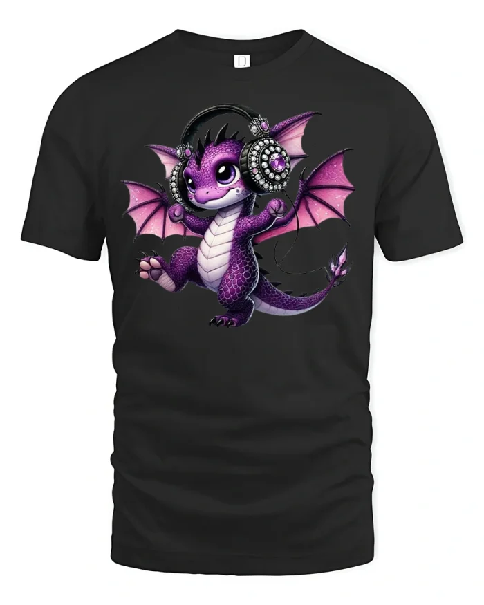 Cute Purple Dragon DJ Headphones T-Shirt - black t-shirt on white background