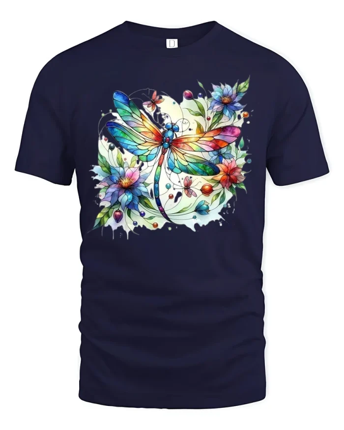 Colorful Dragonfly and Floral Art T-Shirt - navy t-shirt on white background