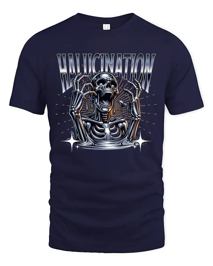 Hallucination Skeleton Trippy Metal Art T-Shirt - navy t-shirt on white background