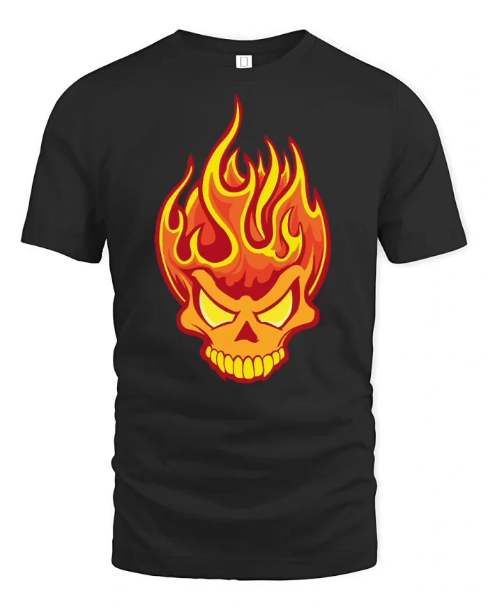 Flaming Skull Fire Head Cool Gothic T-Shirt - black t-shirt on white background