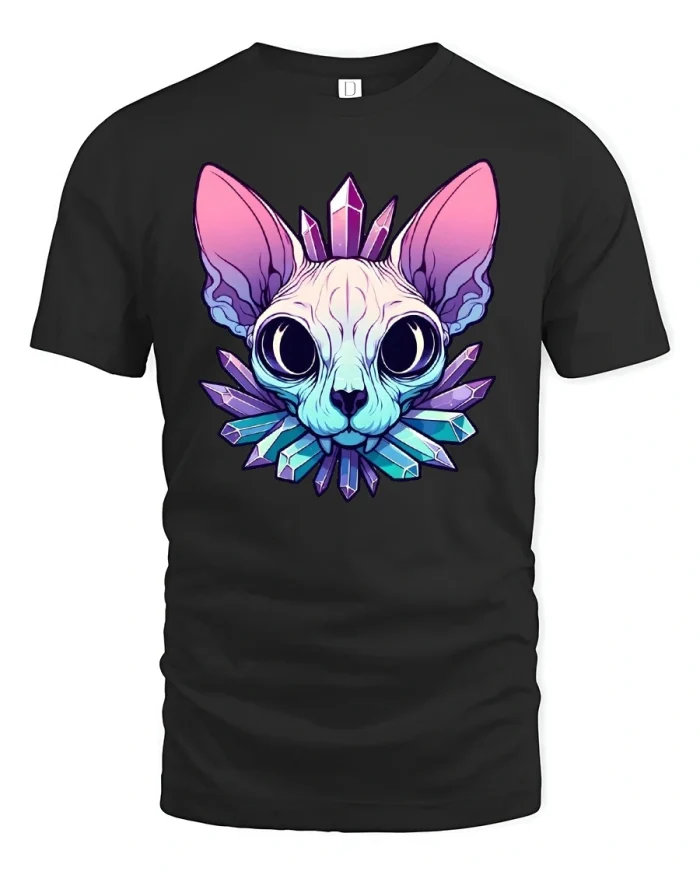 Crystal Cat Mystic Energy Neon Art T-Shirt - black t-shirt on white background
