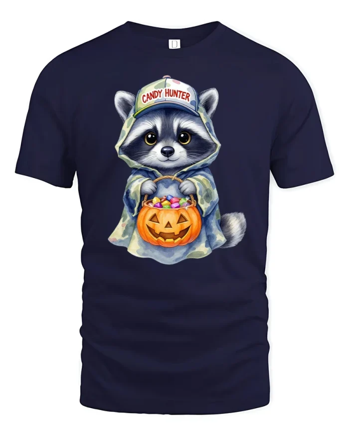 Candy Hunter Raccoon Funny Halloween Trick Tee - navy t-shirt on white background